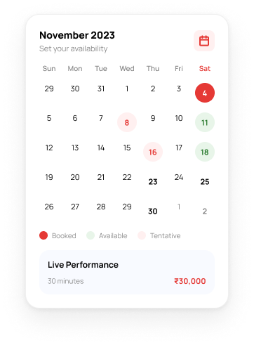 Monthly availability calendar with live performance pricing