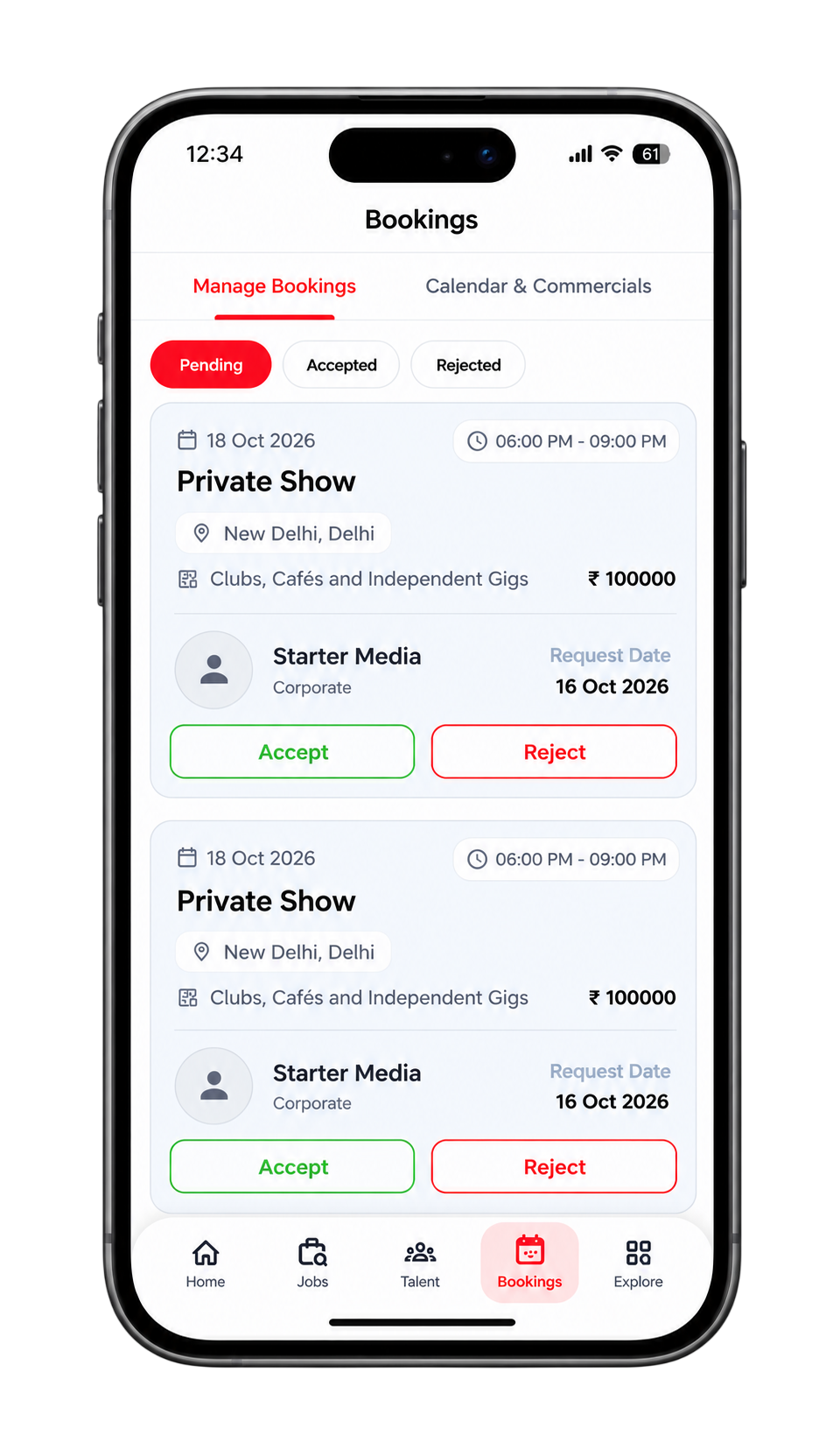 Bookings screen with private show requests
