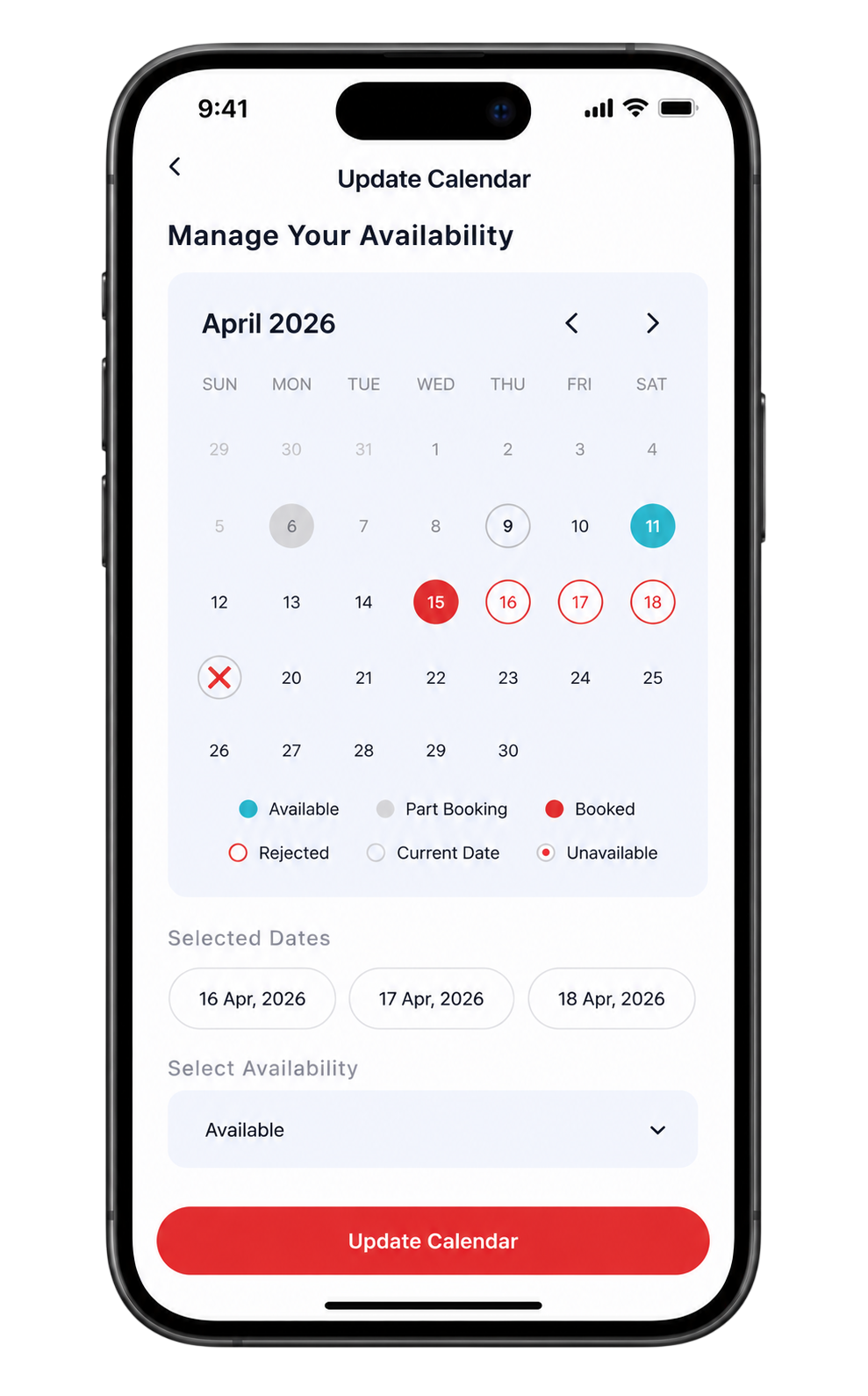 Calendar screen for updating availability