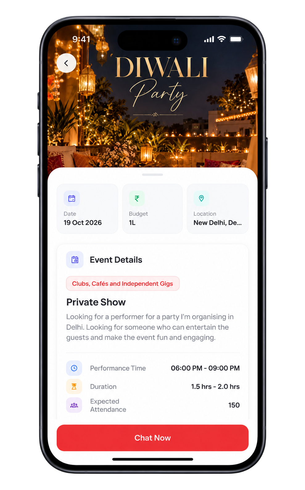 Event details screen for a private show