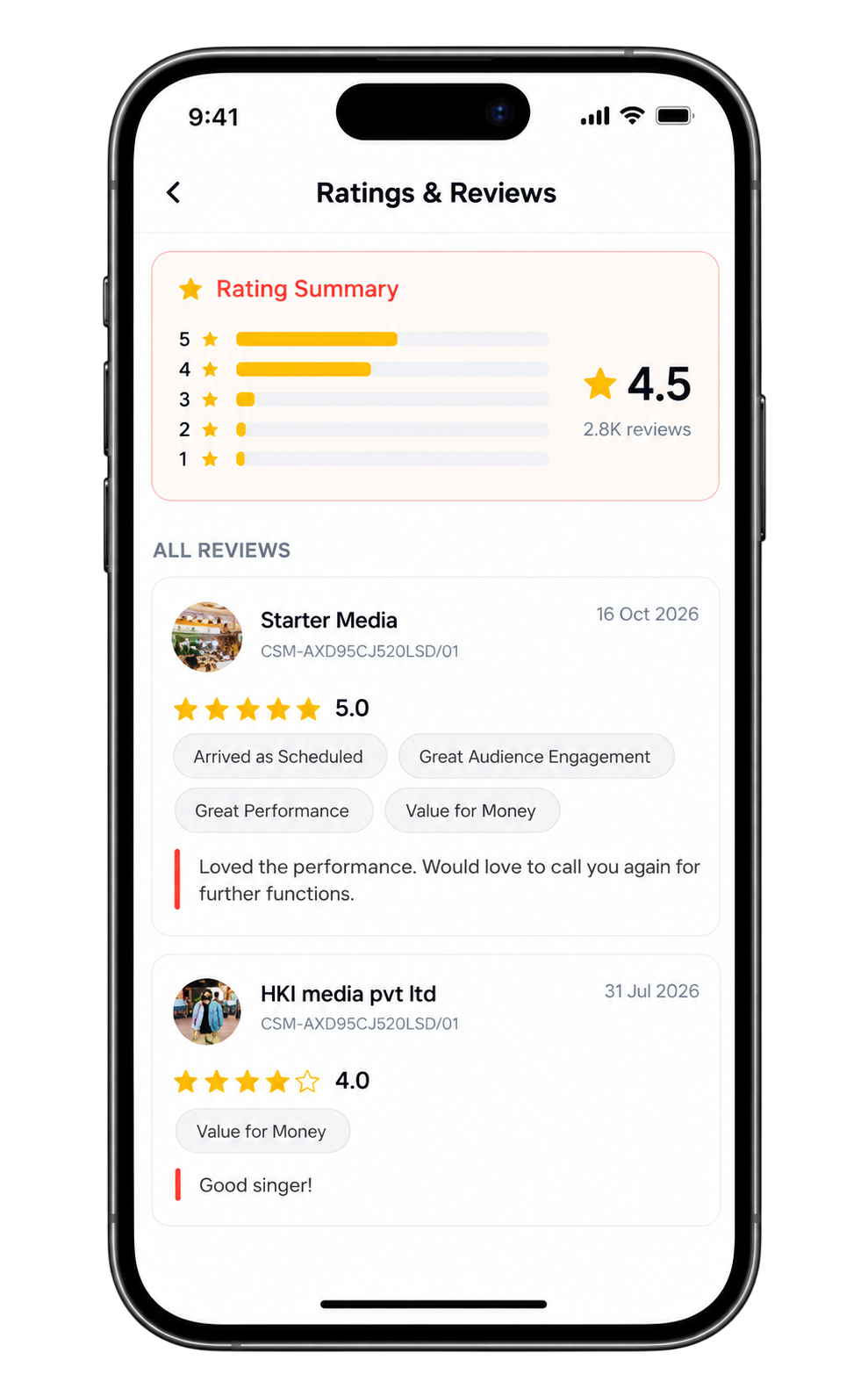 Ratings and reviews screen