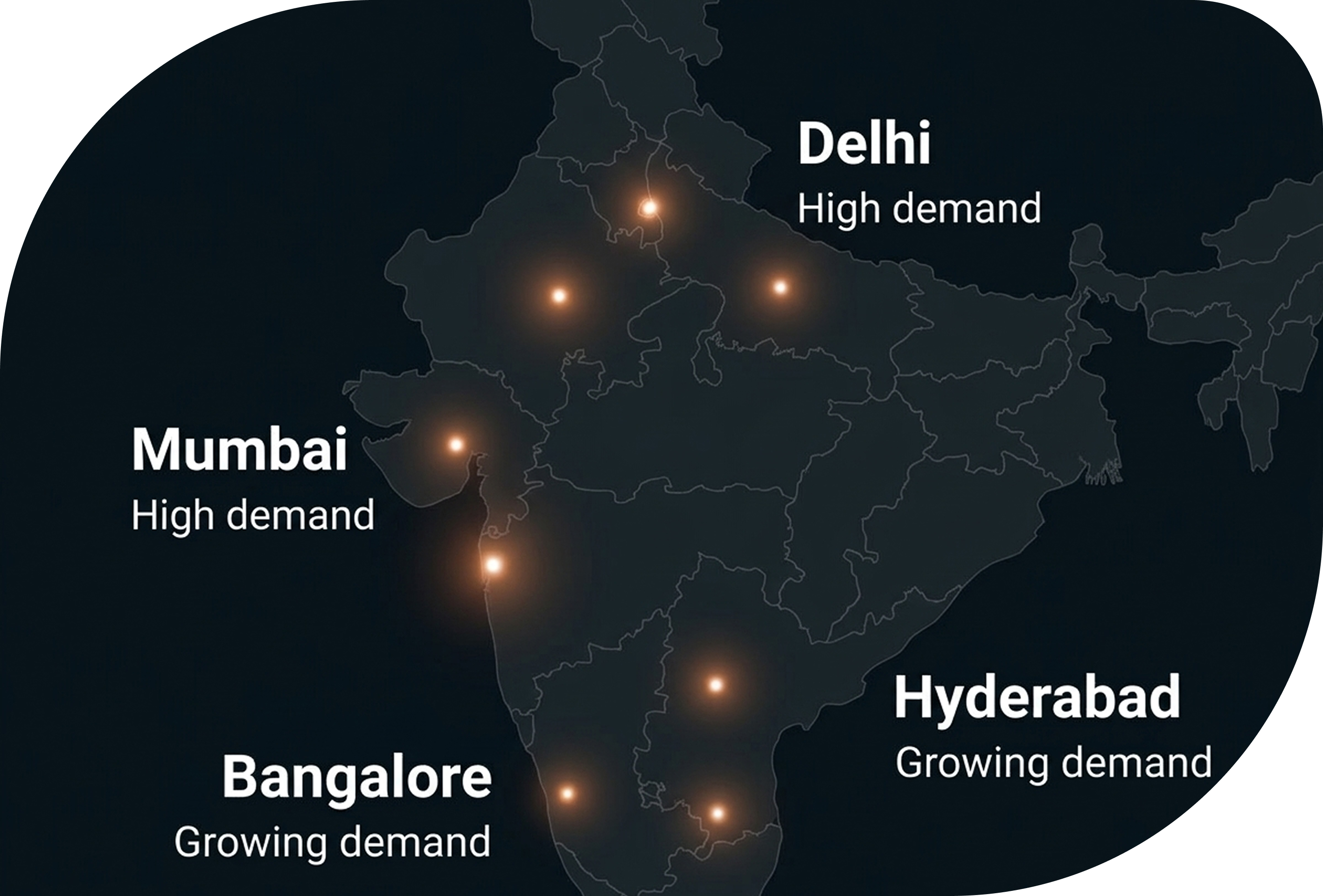 Map of India showing high demand in Delhi and Mumbai and growing demand in Bangalore and Hyderabad